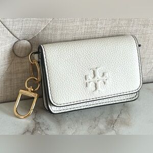 Tory Burch White Pebbled Leather Coin Wallet Key Ring Card Case Gold Hardware